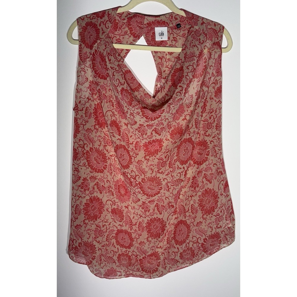 Cabi Top Women's M Pink Floral Coral Cowl Neck Keyhole Back Flowy Blouse